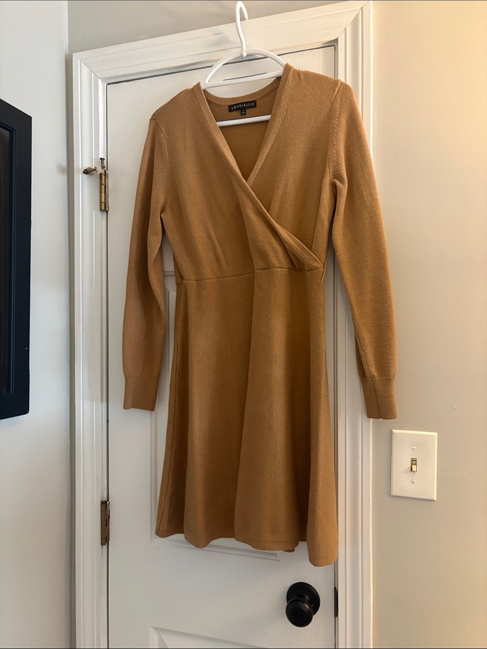 Love Token Camel Wrap V-Neck Long Sleeve Dress